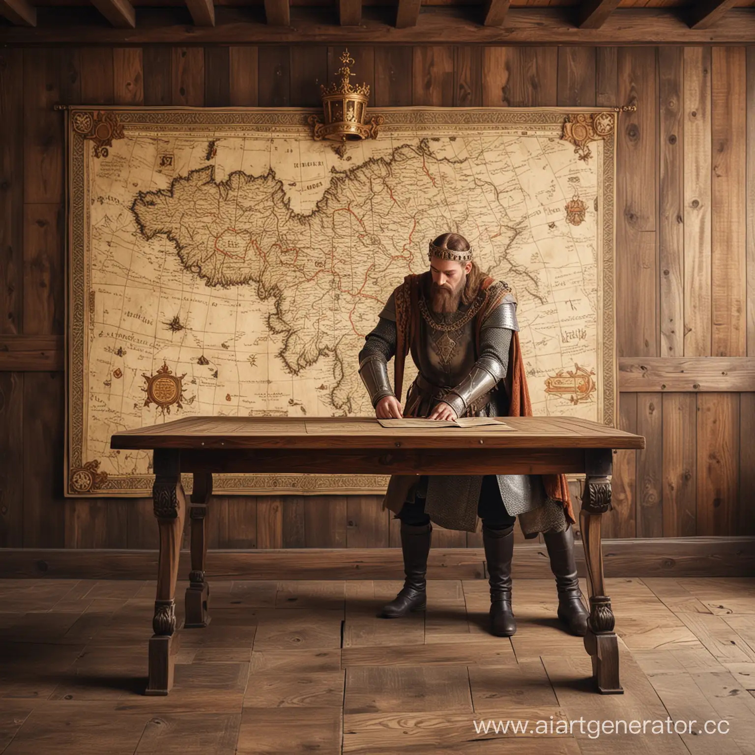 A king bending over a table with a map on it, the wooden wall with patterns on it on background, realistic, medieval