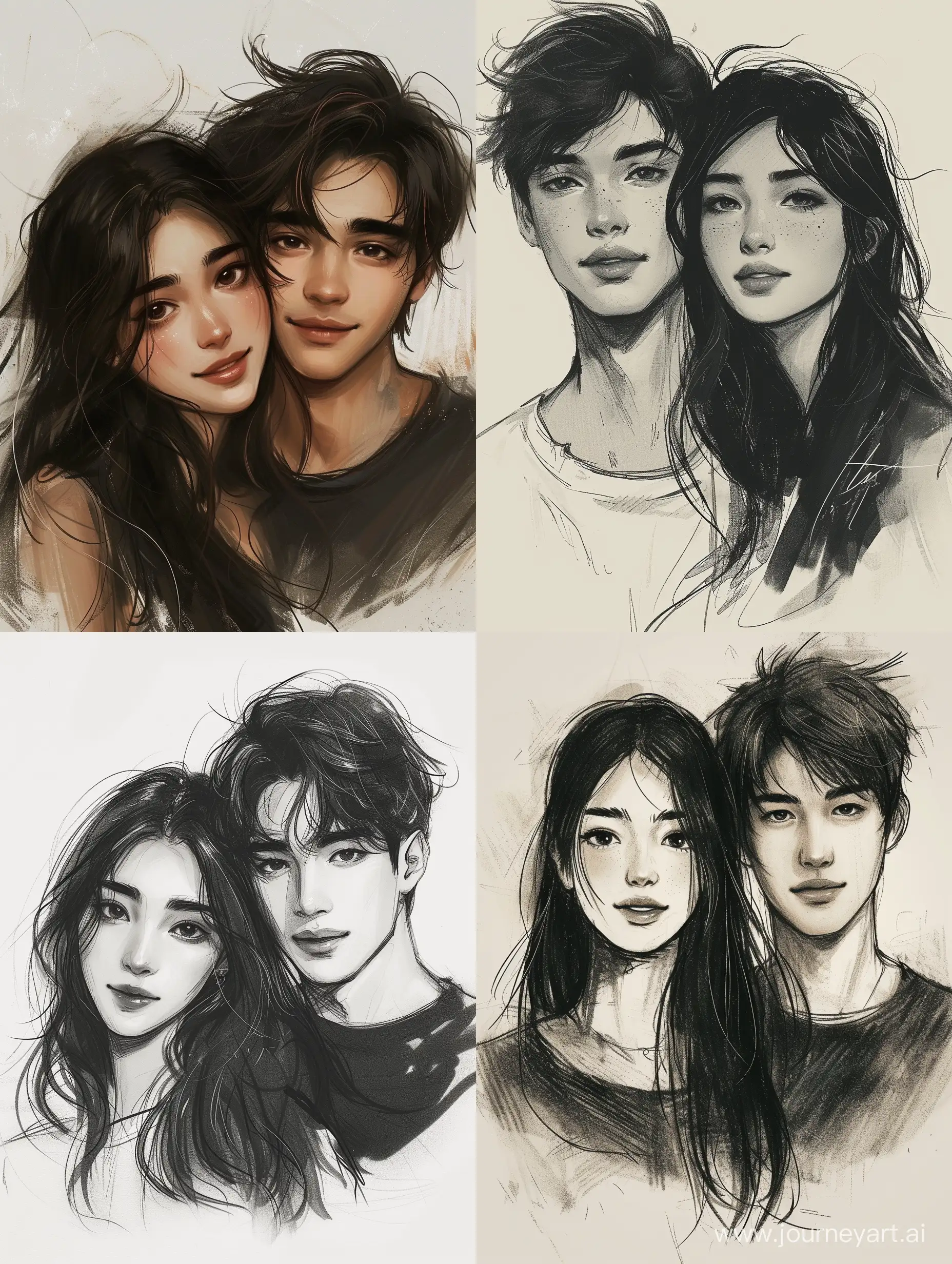 an asian couple, sketched drawing, matisse style, the girl has beautiful eyes and her hair is long length, her hair is black and cool style, the boy has bangladeshi hairstyle, very handsome, in 4k quality, girl is cute vibes with sexy eyes and beautiful