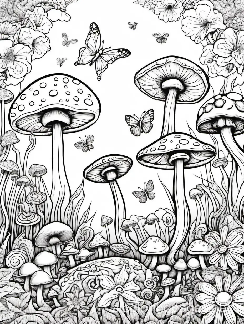 Trippy-Mushrooms-and-Flowers-Coloring-Page-with-Butterflies-and-Dragonflies