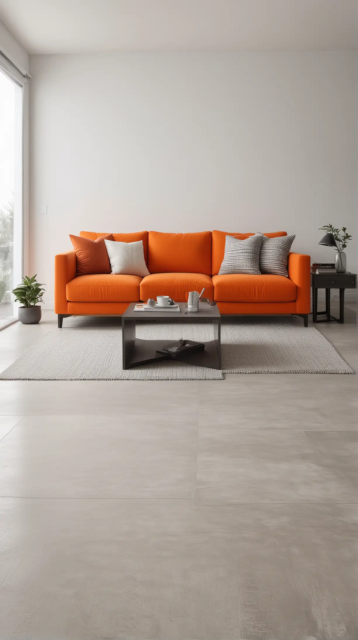 A minimalist living room featuring an orange couch, white walls, grey accents, and sleek, modern furniture. Include subtle textures and clean lines, emphasizing simplicity and elegance.