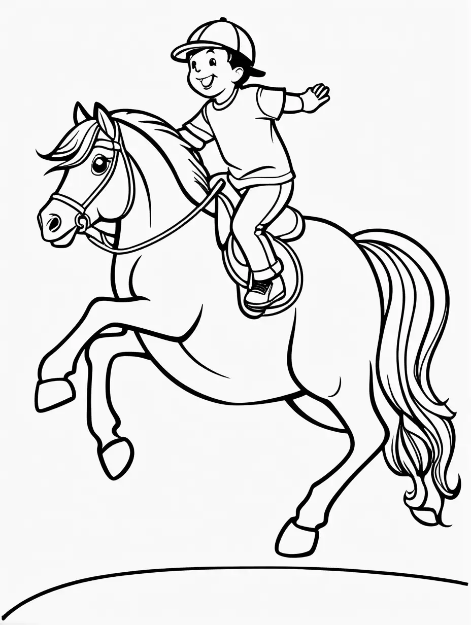 Very easy coloring page for 3 years old toddler. Smile jumping horse. Without shadows. Thick black outline, without colors and big  details. White background.