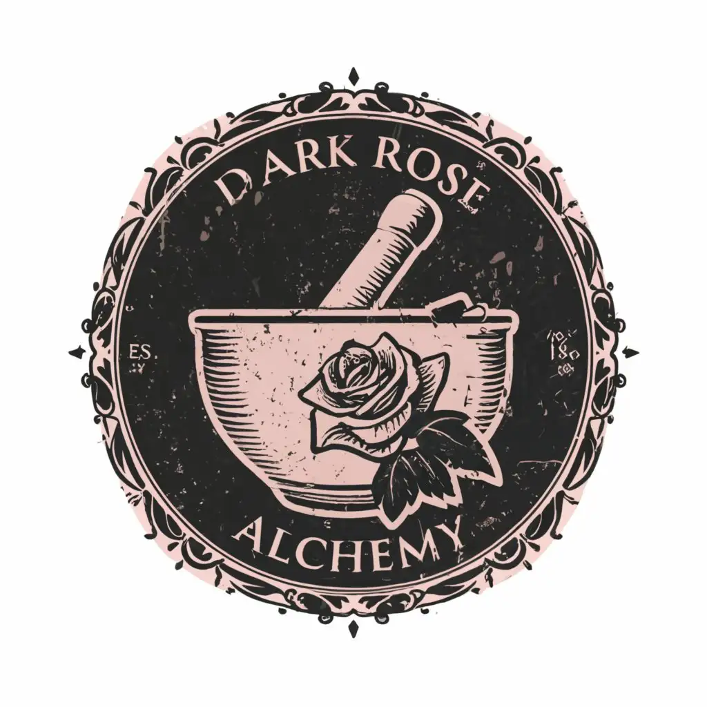 a logo design,with the text "Dark Rose Alchemy", main symbol:Create a logo for my apothecary and witchcraft business. It should be round in shape overall. It should be an image of a mortar and pestle with a rose etched on the front. The image itself should be black and purple, but it should have a white background. It should be a simple yet eye-catching design.,Moderate,clear background