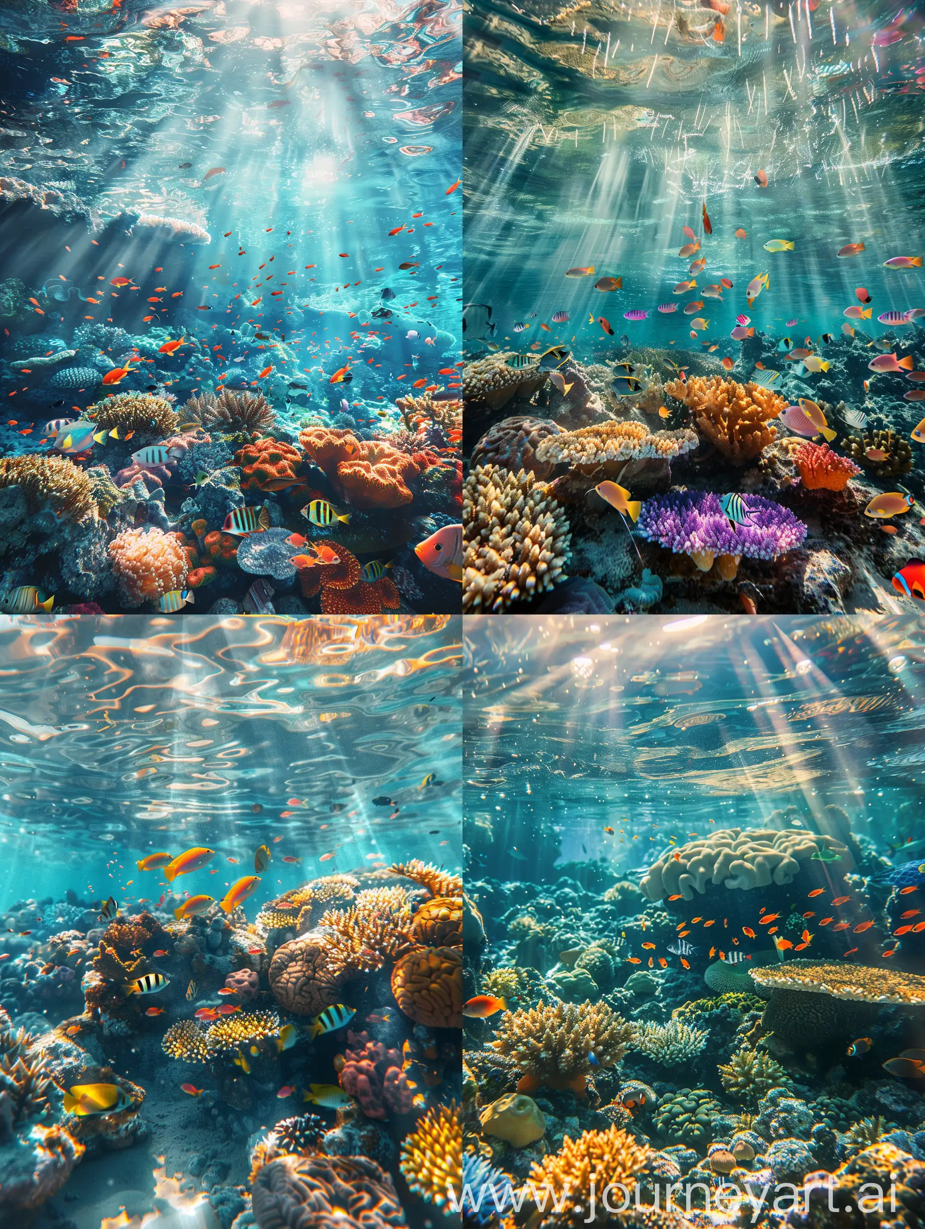 Realistic underwater scene of a vibrant coral reef teeming with colorful fish. Sunlight filters through the clear water, casting dappled light on the reef, creating a peaceful and serene atmosphere. High resolution for phone wallpaper aspect ratio- 9:16