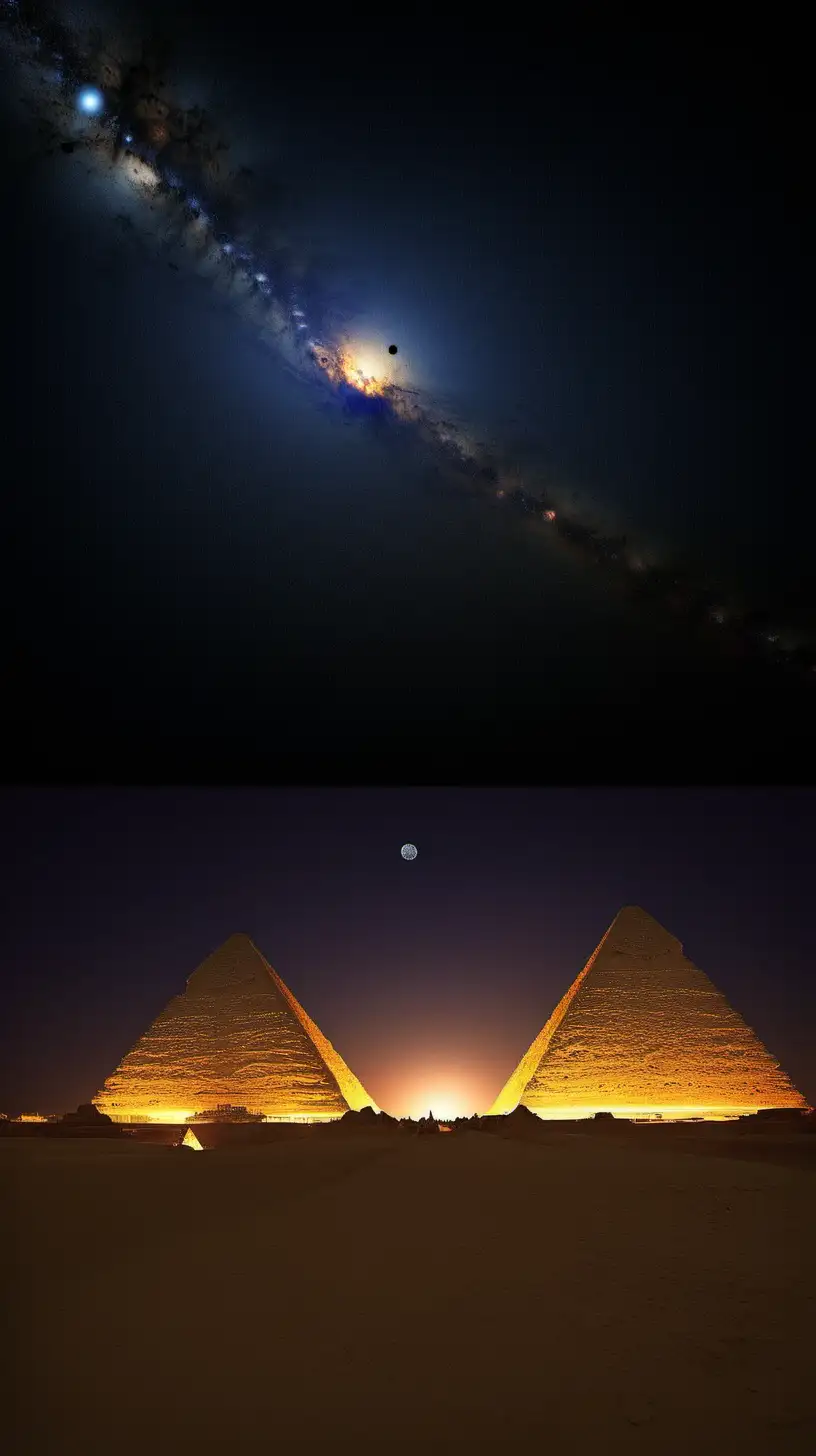 "Explore the enigma of the Giza Pyramids under the night sky, questioning whether their majestic architecture is a divine creation or the result of extraterrestrial intervention."