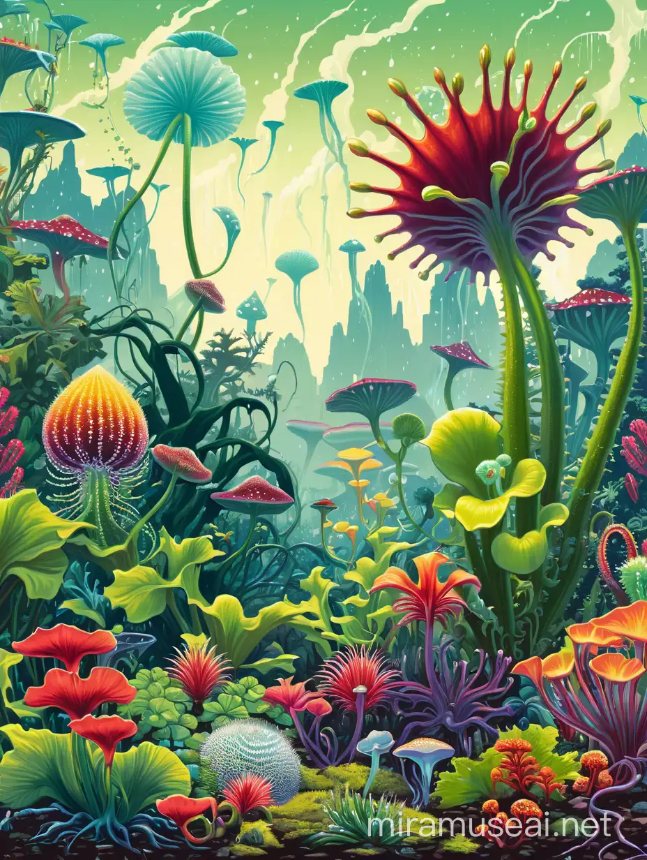 Hans Haeckel landscape jungle rain carnivor plants racines flowers. Paint them in the flat colorful style of Gil Elvgren and other colorful pinup artists of the 1950s. Deadly Alien flowers are in the foreground that have interesting details and colors. Poisonous Fractals,  radiolaria, and diatoms trees can also be seen. Leave discreet places in the front for humans to be added at a later time. Show distances to show depth. A strong wind disturbs the plants.