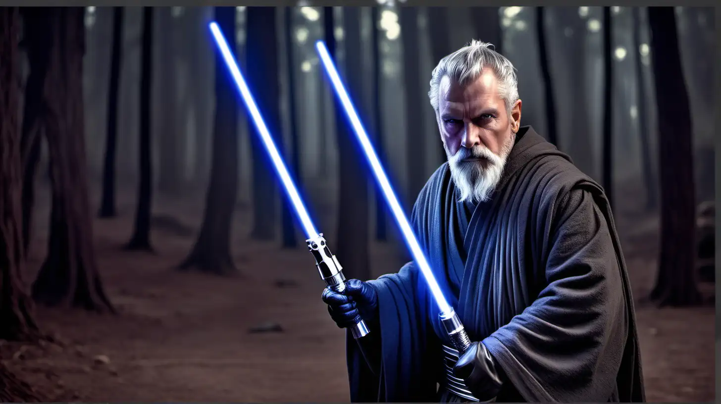 white middle aged human male sith jedi knight holding a light sabre with grey hair and a very short grey beard, set in the star wars universe outdoors