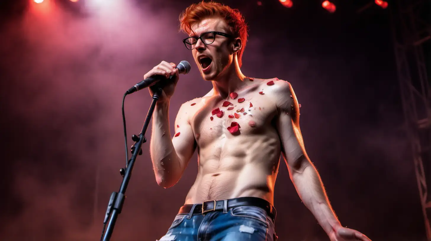 Handsome redhead rockstar singing careless whisper on stage short hair stubbles glasses shirtless show hairy chest show abs show legs full body shot very sweaty very wet oiled up torn jeans rose petals falling 