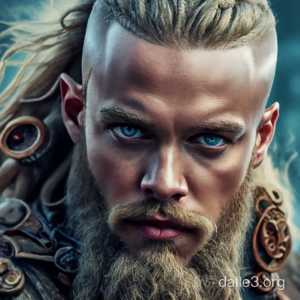 Dall-E, envision a hyper-realistic scene featuring Ragnar Lothbrok consulting an oracle to gain favor from Odin. Include detailed depictions of both Ragnar and the oracle, ensuring that the oracle exudes a mystical aura, with symbolism or elements that convey a connection to Norse mythology. Maintain the authenticity of the 'Vikings' TV show's visual style for both characters.