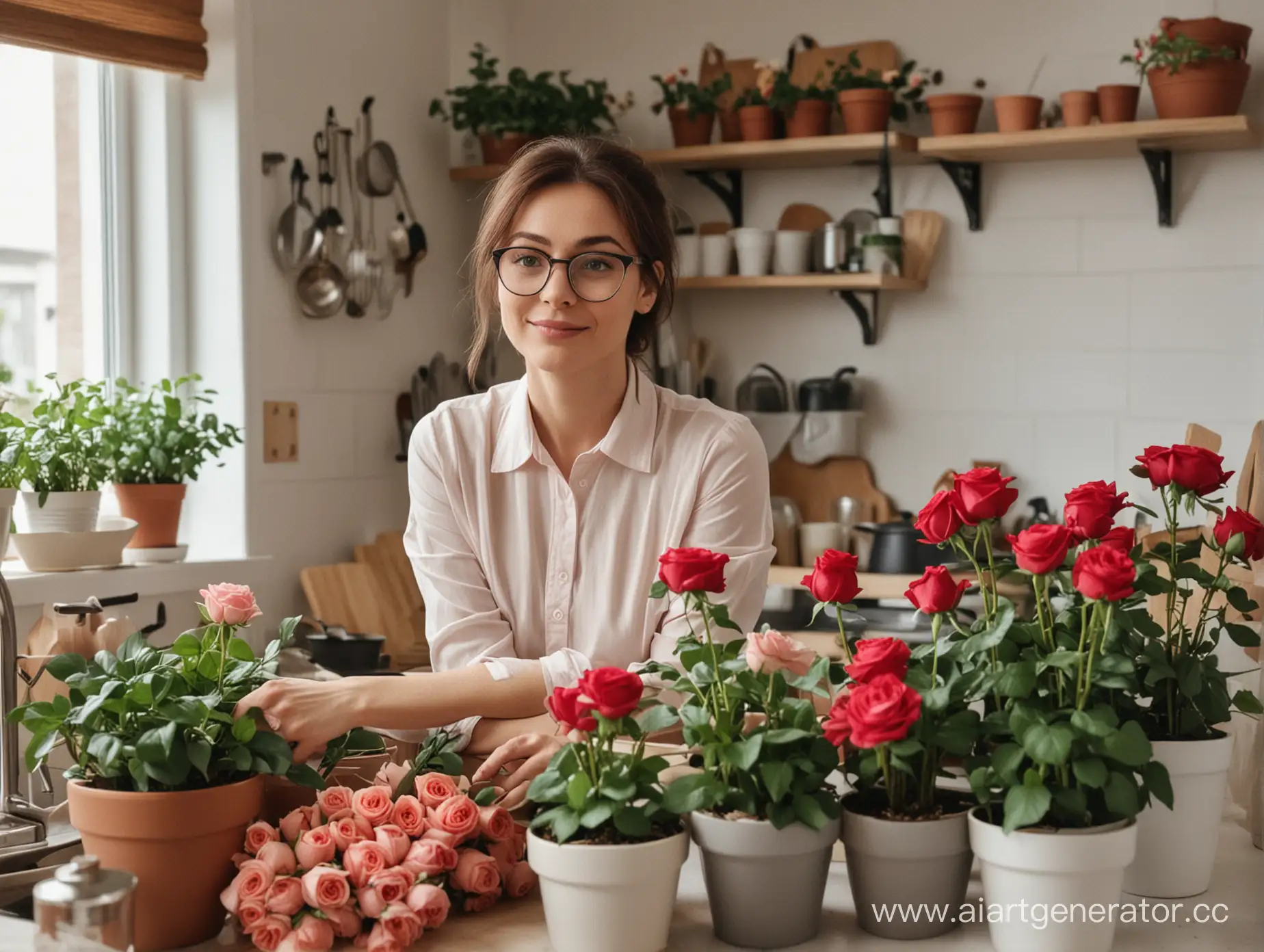 Женщина в очках на кухне среди кучи цветочных горшков с розами