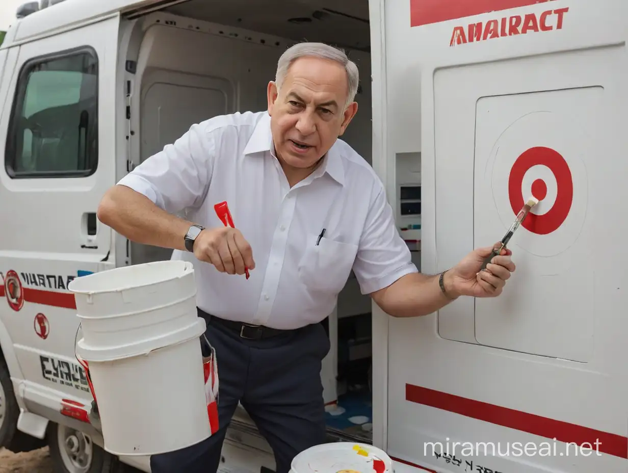 benjamin netanyahu pinta un target rojo y blanco sobre una ambulancia blanca. Tiene una brocha en una mano y un balde de pintura en la otra