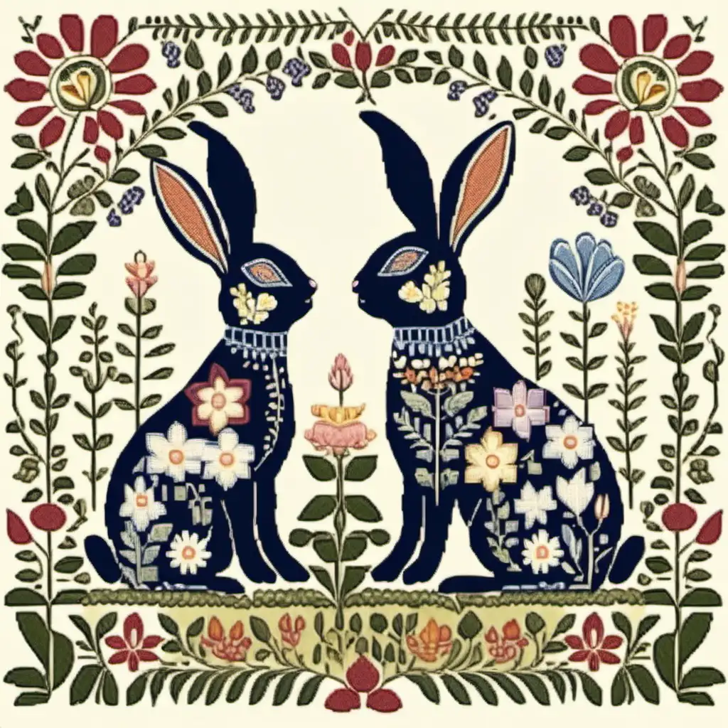 folk art of two rabbit in a garden, symmetrical,  painting, light colors, muted, 2-D, outline drawing, embroidery sampler style, PRINTED Norwegian Folk Art, Scandinavian Folk Art,