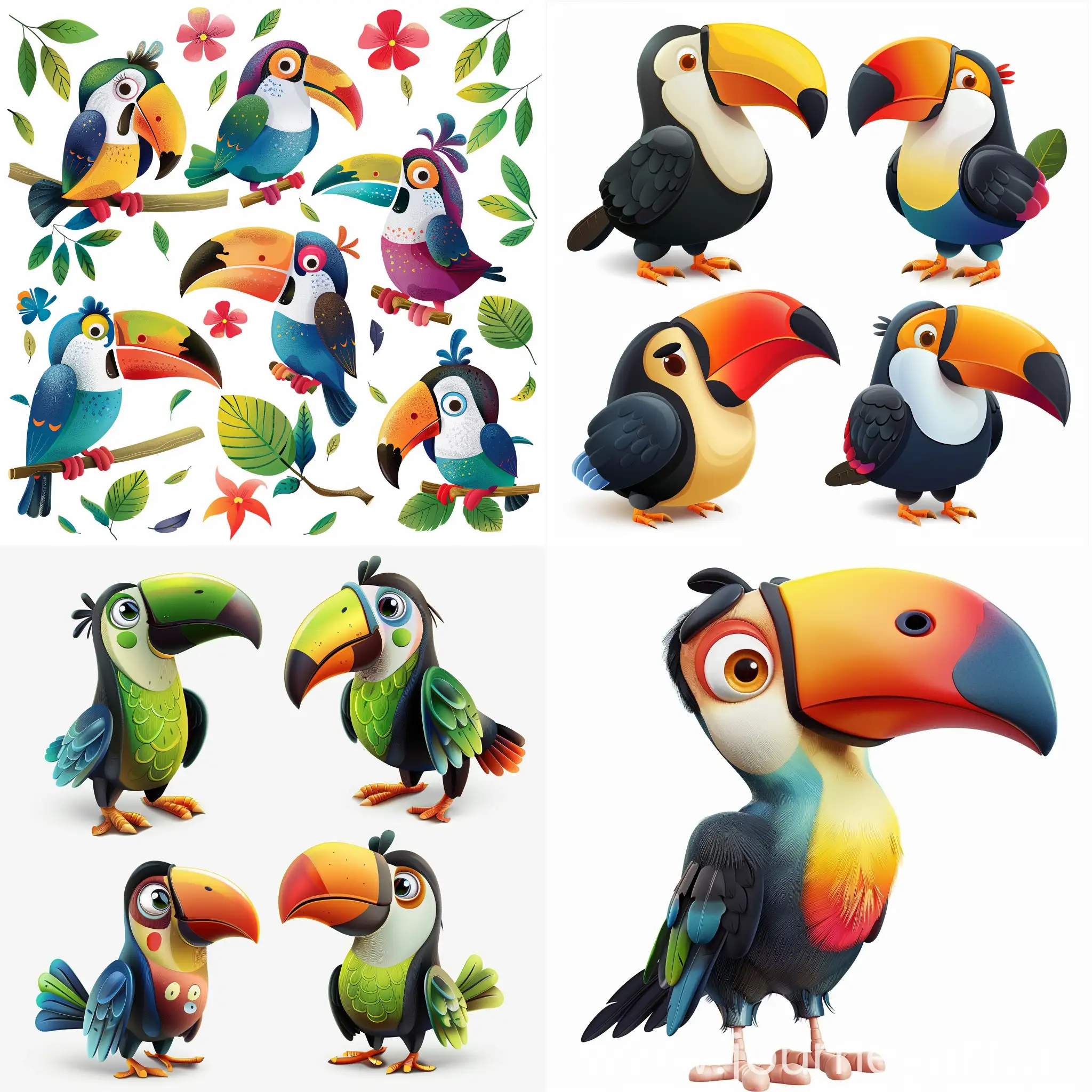 adorable 2d colorful toucan characters for toddlers white background