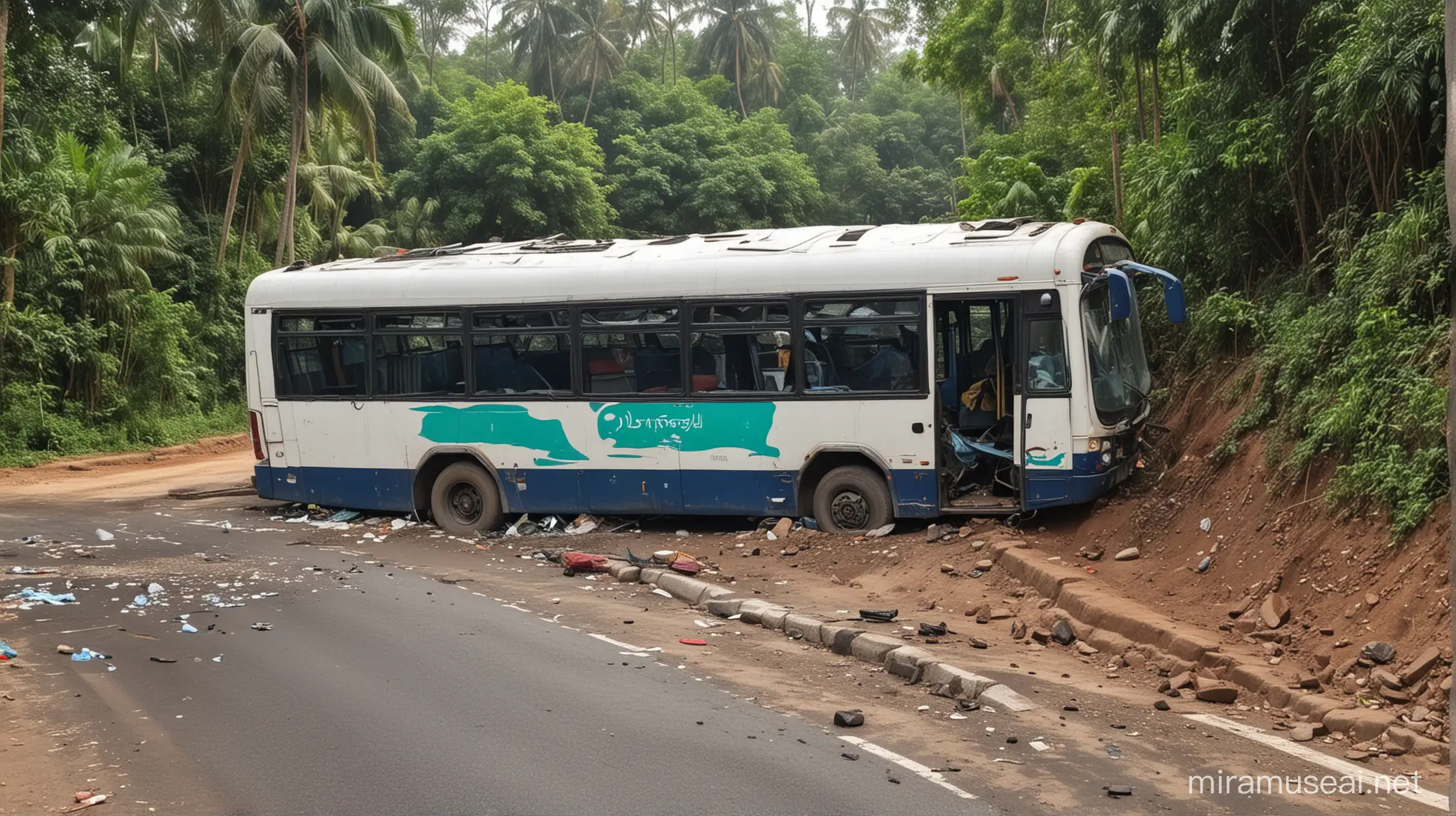 Detailed Scene of Bus Accident on Village Road in India
