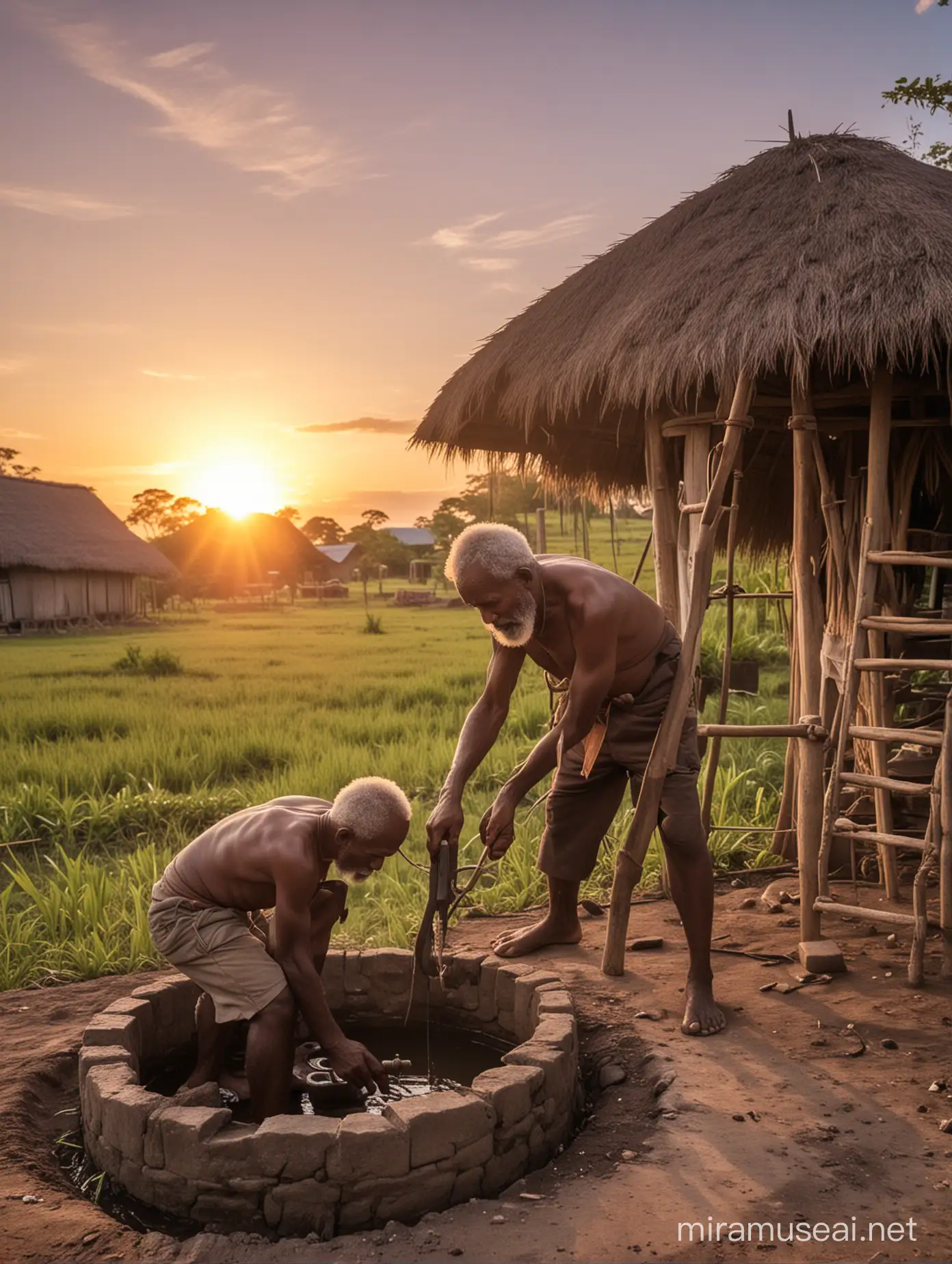 seorang kakek dari papua sedang memperbaiki sumur bor di sebuah desa yang indah pada saat sunset