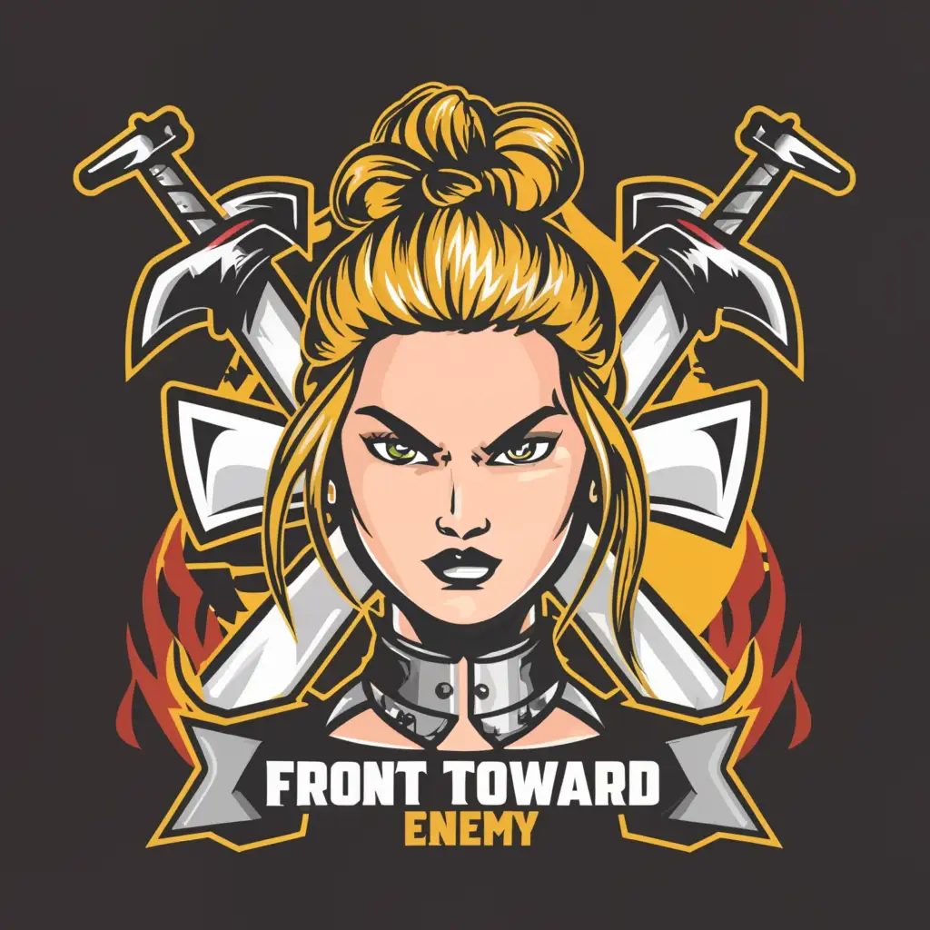 LOGO-Design-for-Front-Toward-Enemy-Girl-Face-with-Axe-Sword-Shield-and-High-Bun-Hairstyle-on-a-Clear-Background