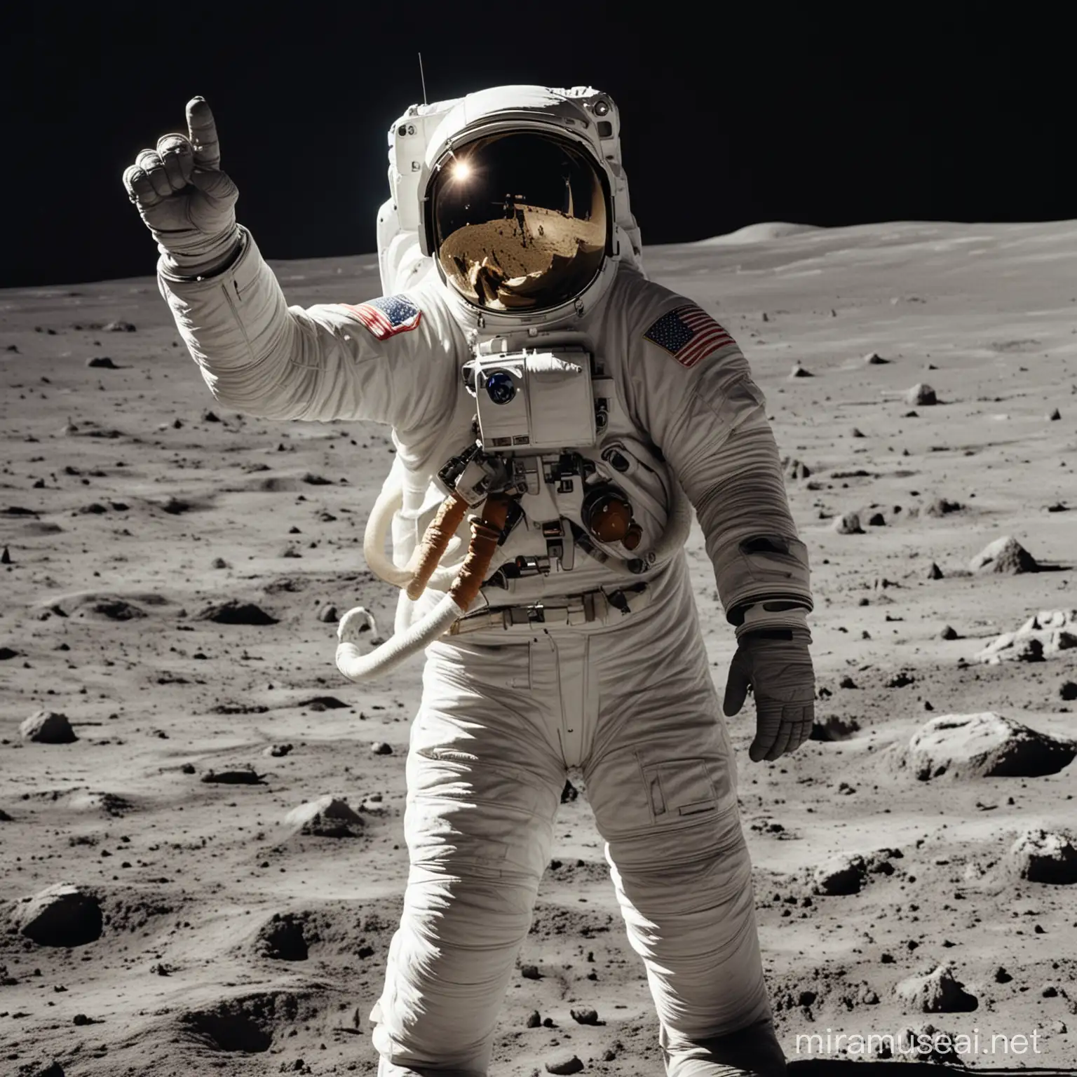 an astronaut in a closed spacesuit stands on the moon with his right arm bent at the elbow pointing upwards with his index finger raised from his fist