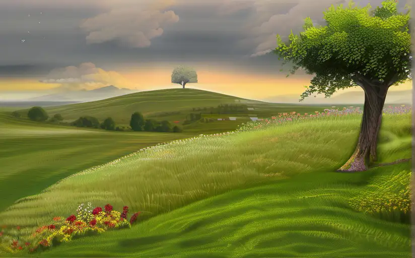 Landscape with a hill in the background, a tree, grass and flowers in the foreground