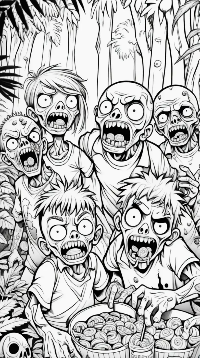 Creepy Zombies Lost in Jungle Coloring Book Illustration of CandyEating Undead