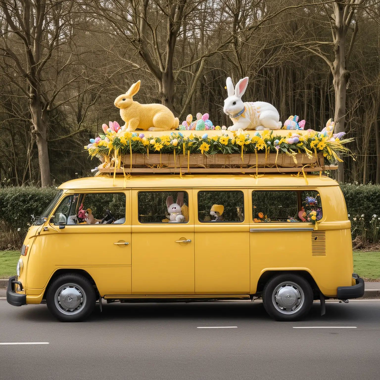Gelbes VW Nutzfahrzeug Transporter mit Osterhase am Steuer

