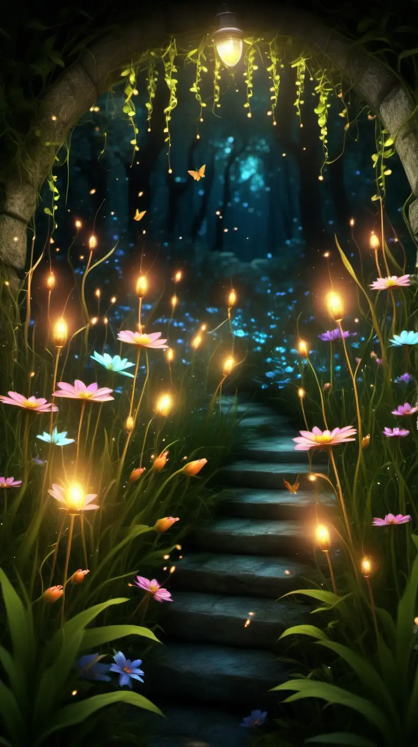 Enchanting Secret Garden with Flowers and Fireflies in Super HD Quality