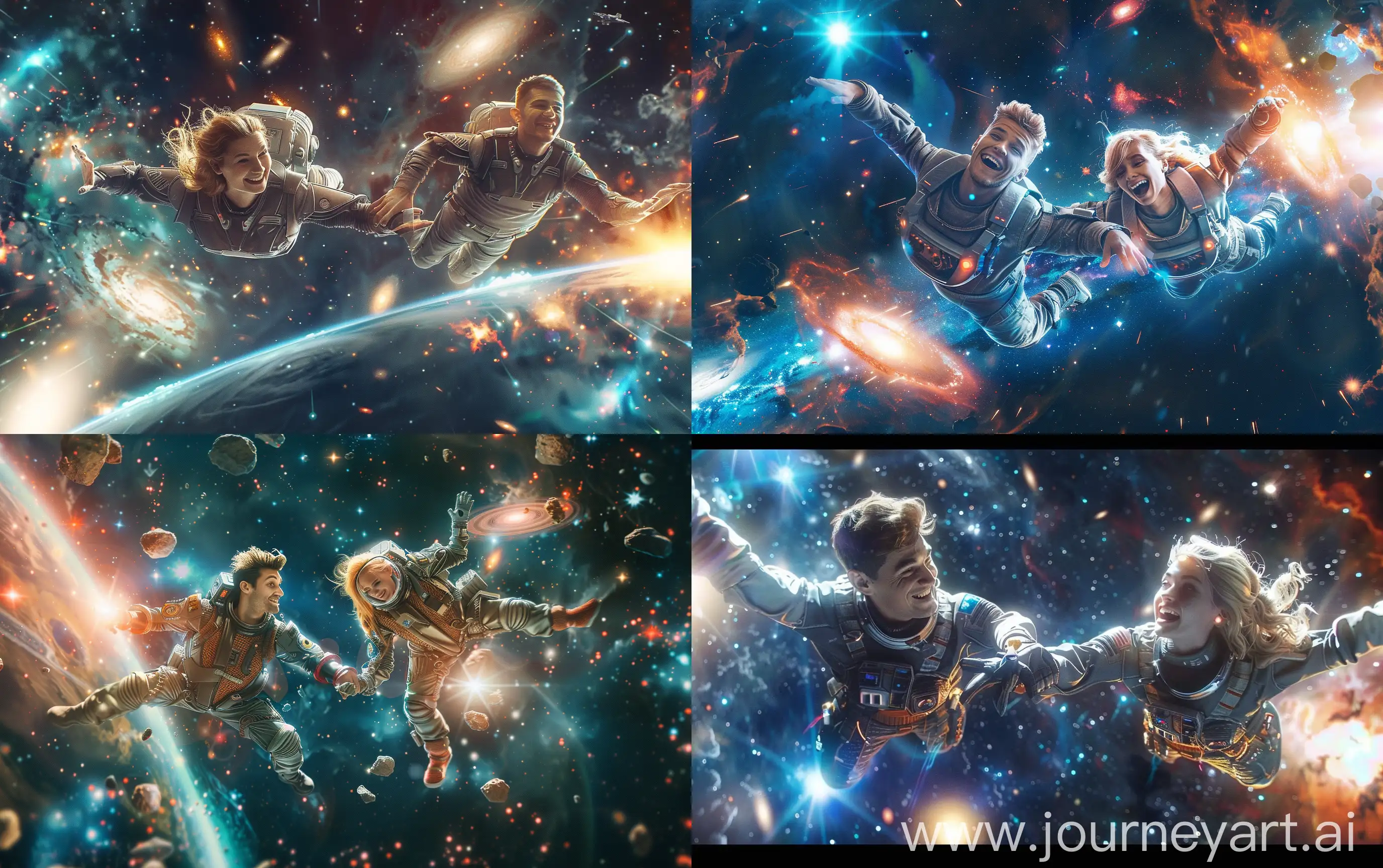 Quantum Entanglement, a slavic man and a beautiful blond woman fly in space on a exoplanet orbit, they are happy looking to each other, they are wearing futuristic simple spacesuits, deep space on background with bright galaxies and supernova, realistic, hi resolution --ar 16:10
