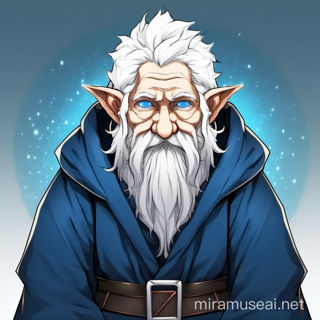 2d anime style Male gnome with white hair and beard, dark blue colored eyes, big nose, gaunt face, 65 years old, white unruly hair, blue druidic robes