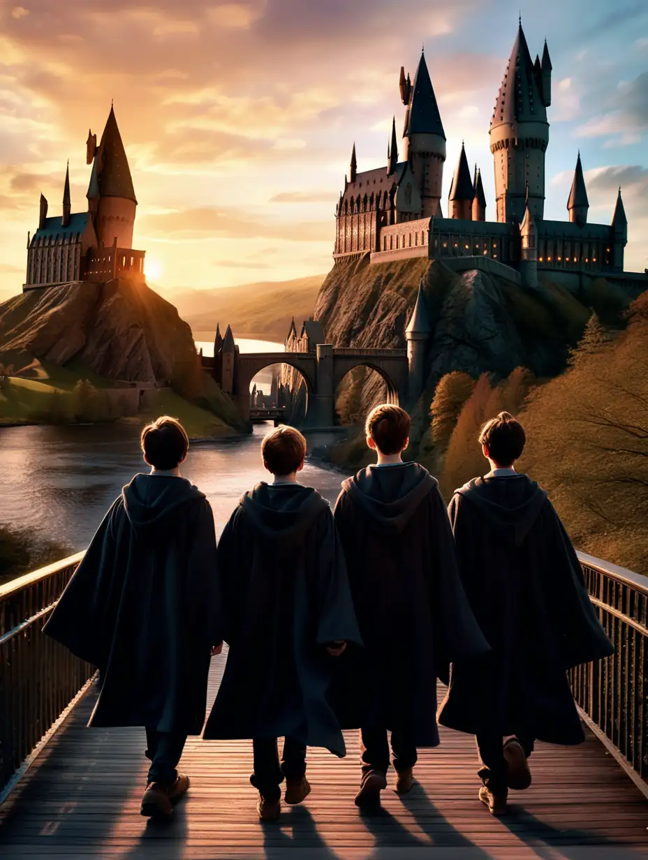 Hogwarts magic. four 17 year old student boys walking toward Hogwarts wearing cloaks.marauders. Back turned to us. Beautiful scenery. sundown. They are very far away. walking on a bridge. zoomed out. Clear, cinematic, beautiful light