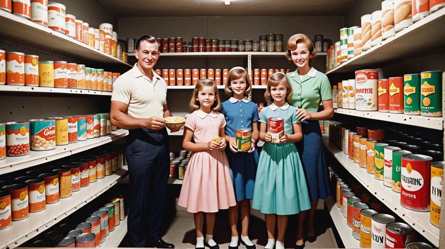 1960s Family in Bunker Surrounded by Canned Goods