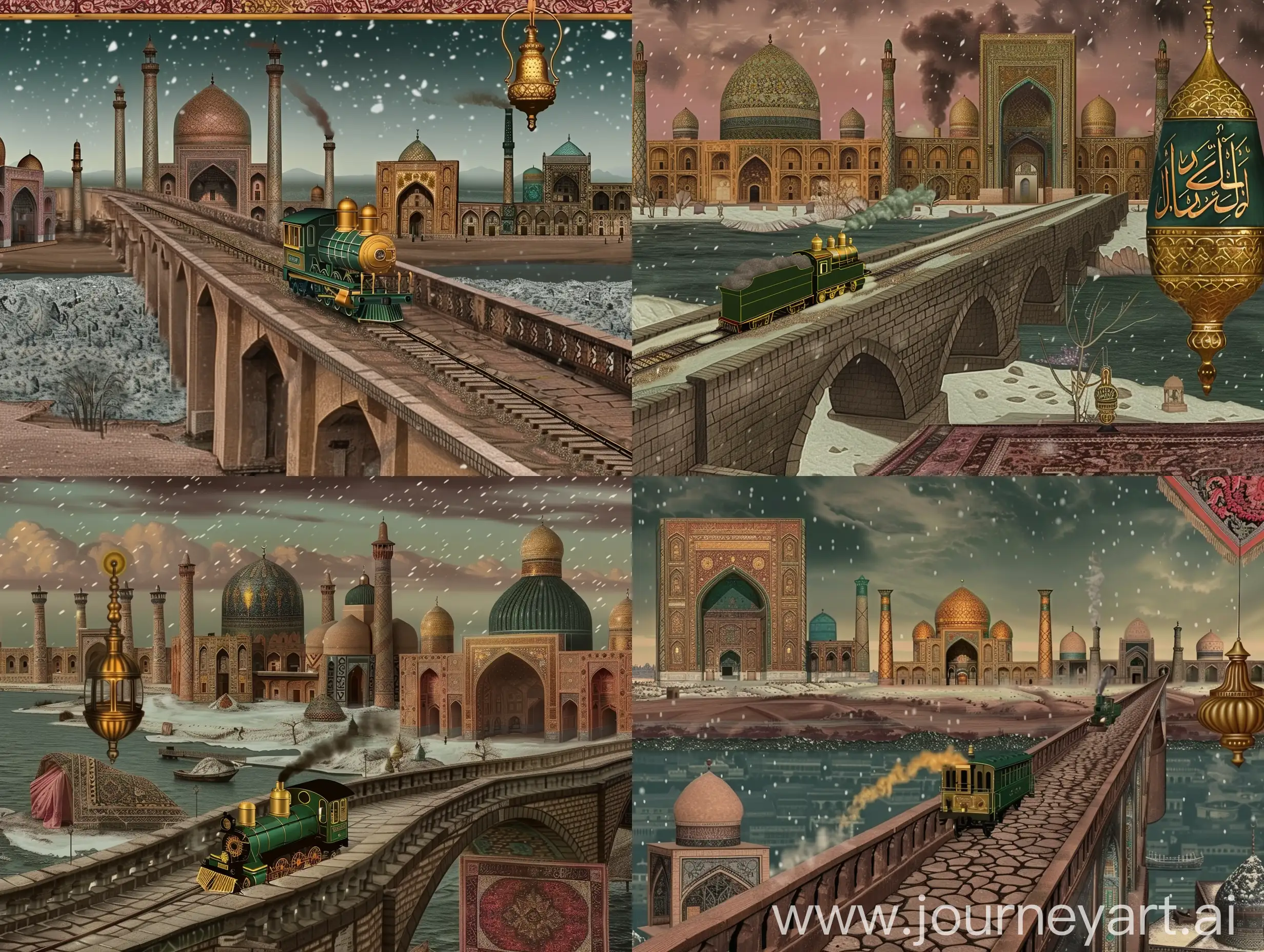 Cinematic photo: A stonebridge going towards into a seafront city, a green golden steam engine train moving on the bridge towards the middle of city, in the background is the wide seafront city full of Persian tiled Uzbekistan mosques and Isfahan mosque covered with persian tile exterior and gold ornaments, snowfall, a glorious islamic lamp hanging on side of the image --sref https://cdn.discordapp.com/attachments/1213041174428782623/1221526481126162483/IMG_20240212_124819.png?ex=6612e62f&is=6600712f&hm=599dc41d03548fb4c695a614b0da75670c313d8708f4036b5778b71f772ed9eb& --sw 999 --ar 4:3