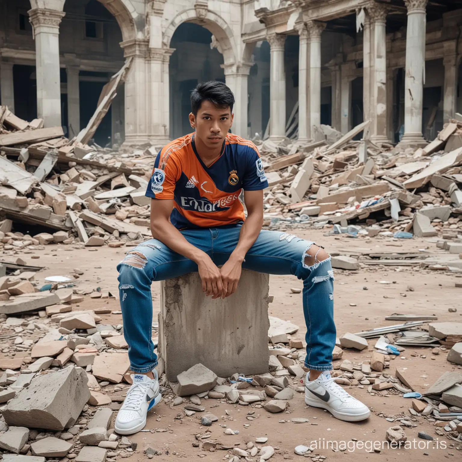 A 28-year-old Indonesian man. Short black hair, wearing a blue Real Madrid jersey, torn jeans at the knees, and Nike shoes. In the background, there is Ultraman and a Giant fighting amidst the ruins of a building.