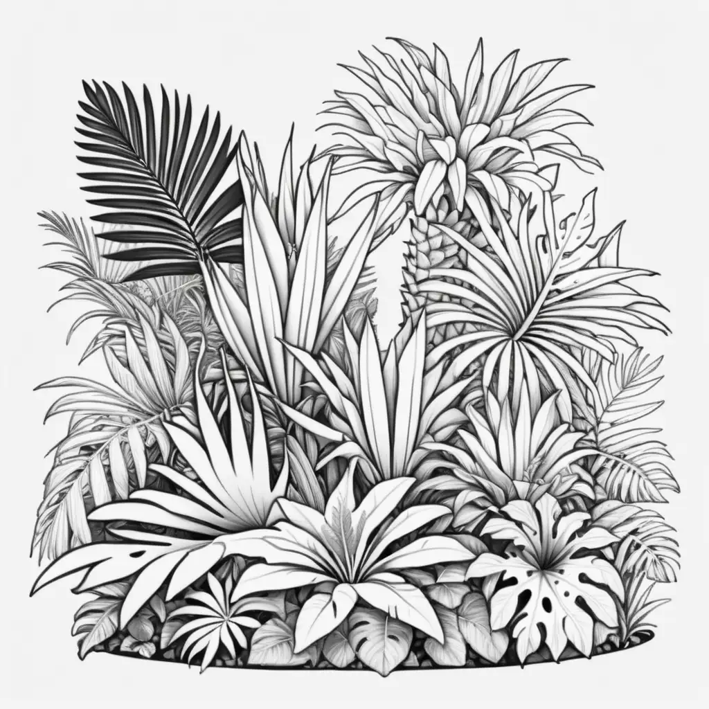 big wide, tropical plants  icon image to be used in the application logo, big, isometric icon style, black outlines , for coloring page, black and white, white background, much detail, white background,  full picture