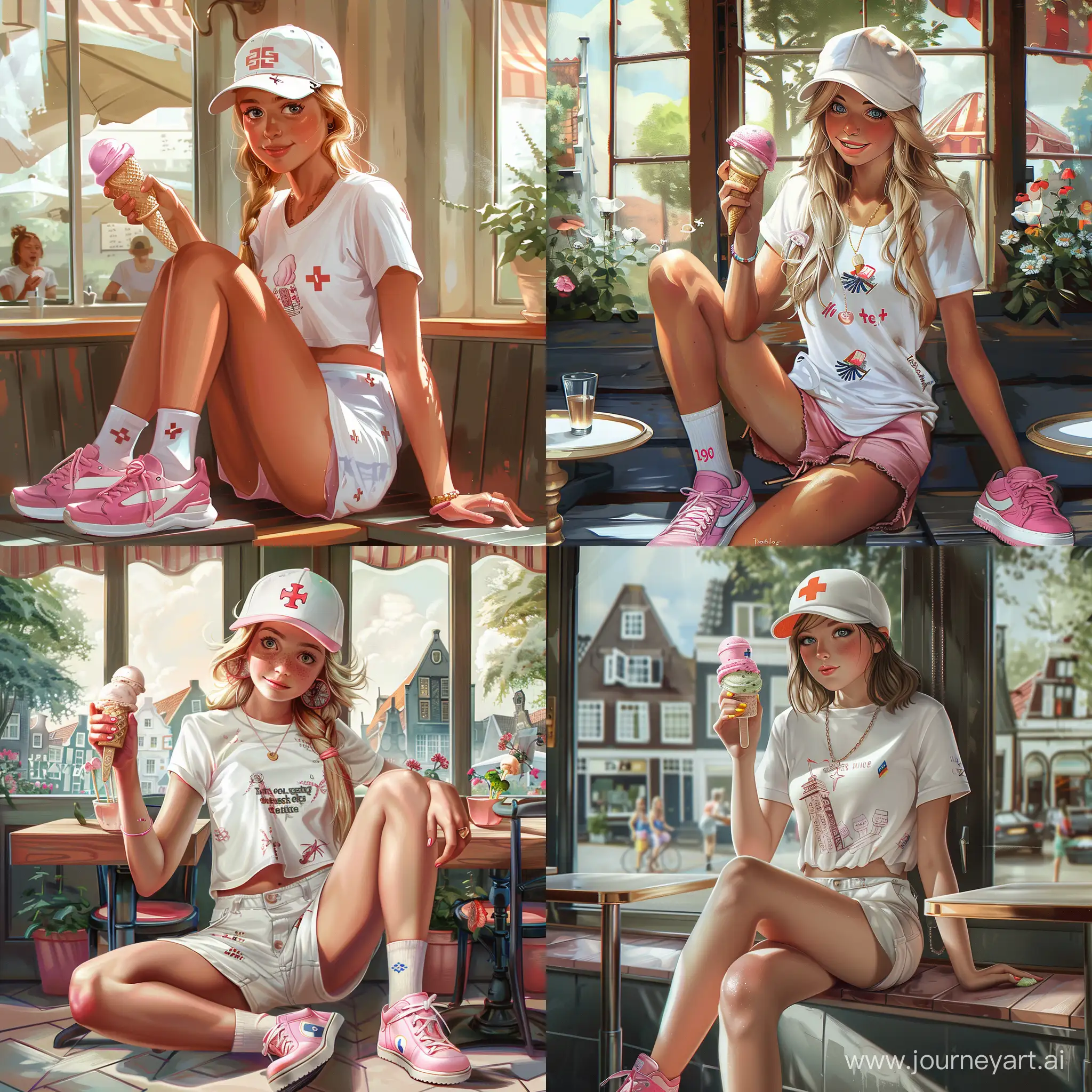 Girl in white cap with Netherlands print, sitting in summer cafe in pink trainers, shorts and white t-shirt holding ice cream, high resolution, high detail