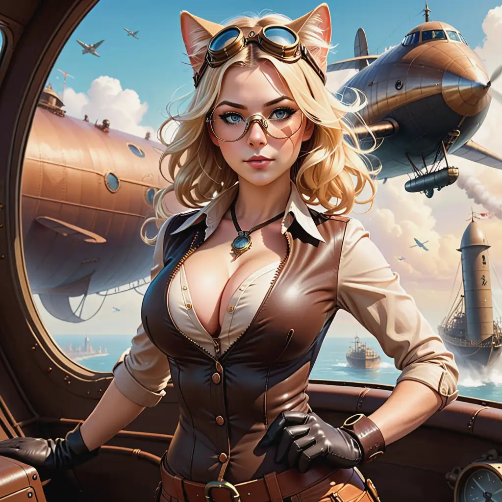 A steampunk catgirl pilot,  she's blonde with heavy leather gloves and dirty aviation goggles.  Her tan buttoned shirt is bustinf out with deep cleavage. In the background a strange airship floats out a window 