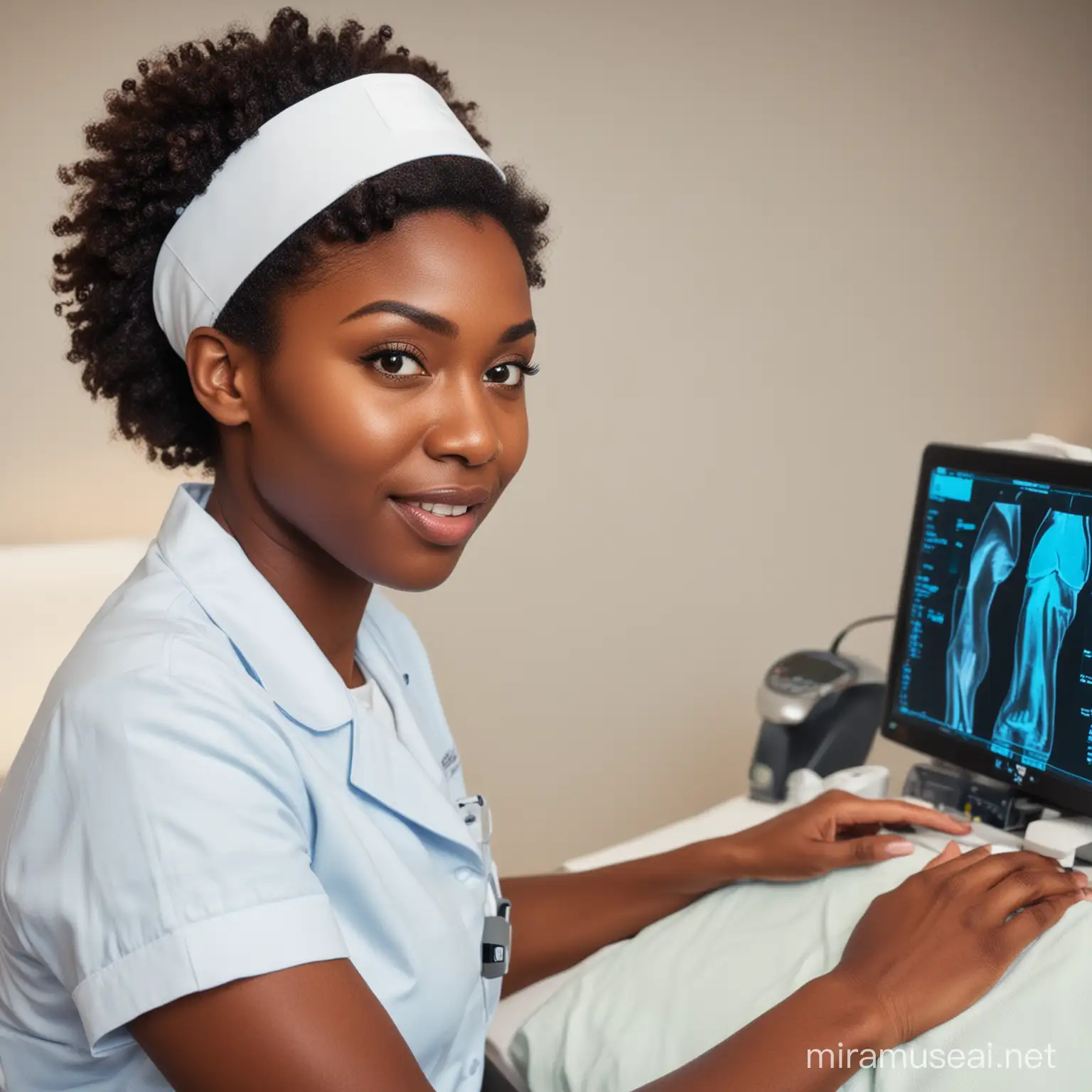 BLACK LADY NURSE 
CONDUCTING Ultrasound Scan 
