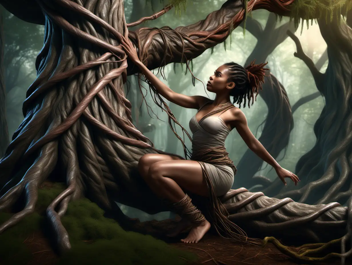 High resolution. Photo realistic. Side view, full body. Extraordinarily beautiful multi ethnic Belinda  wrapped and twined around by the limb of a monster tree, in the magic forest, Belinda is struggling to escape.