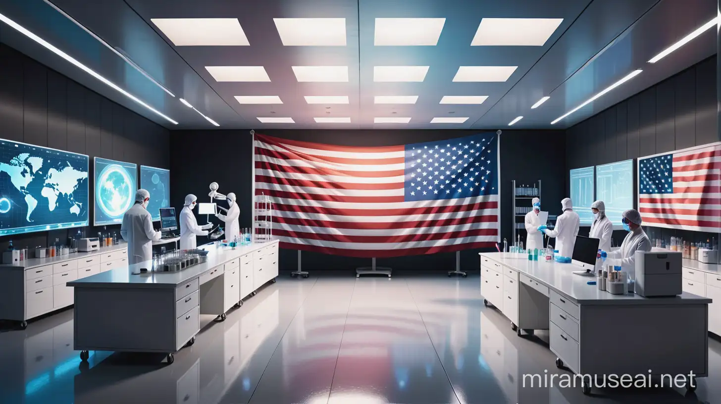 wide background. no people. lab.  clinical laboratory improvement. technology. futuristic. creative. fun. fantasy. magical. GOD. HEAVEN. HEROES. real USA flag. very detailed. lab. 