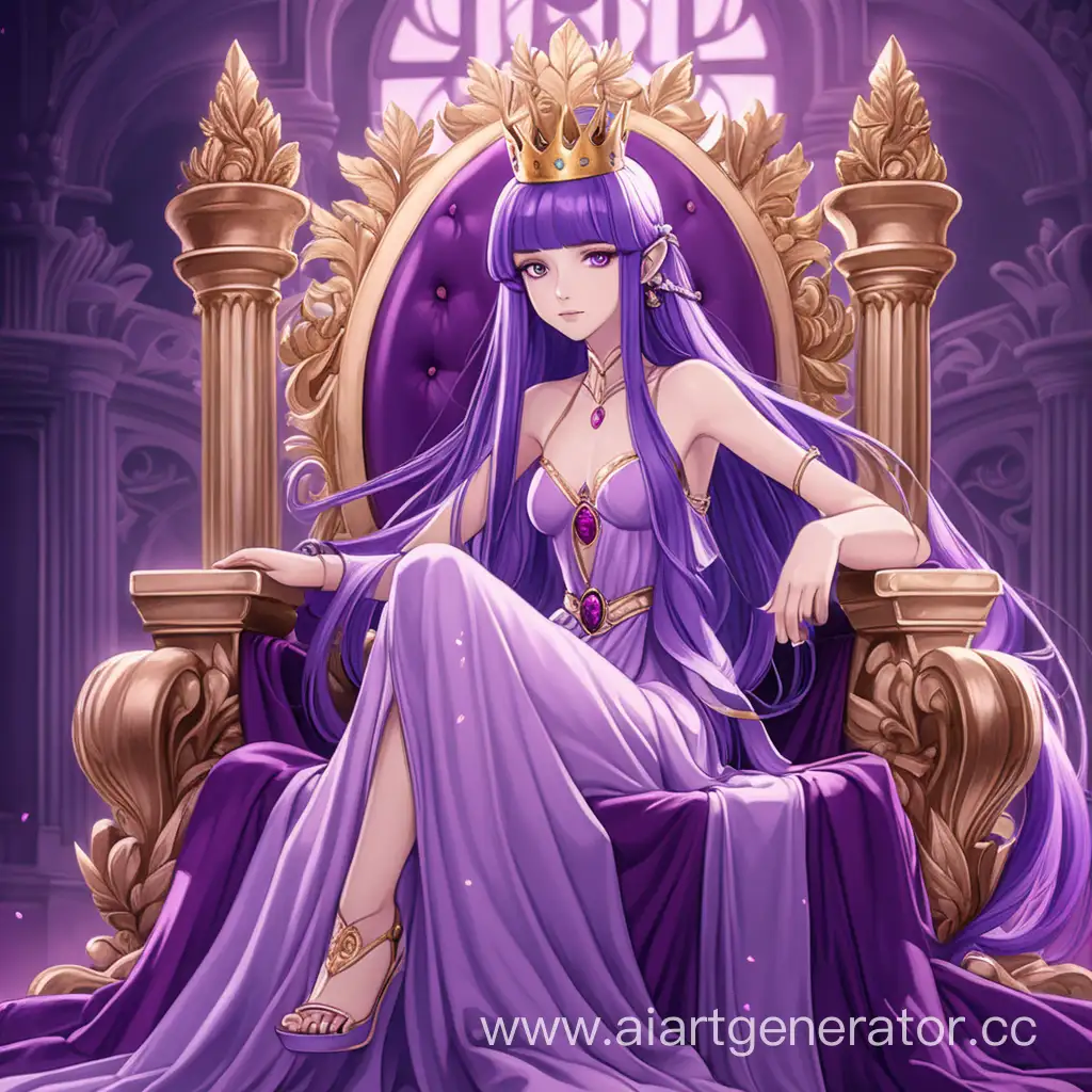 Красивая грациозная девушка с золотой короной на голове, с шикарными длинными фиолетовыми волосами, фиолетовое яркие глаза, сидит на троне, розово-фиолетовое платье, грациозная, в стиле аниме, аниме