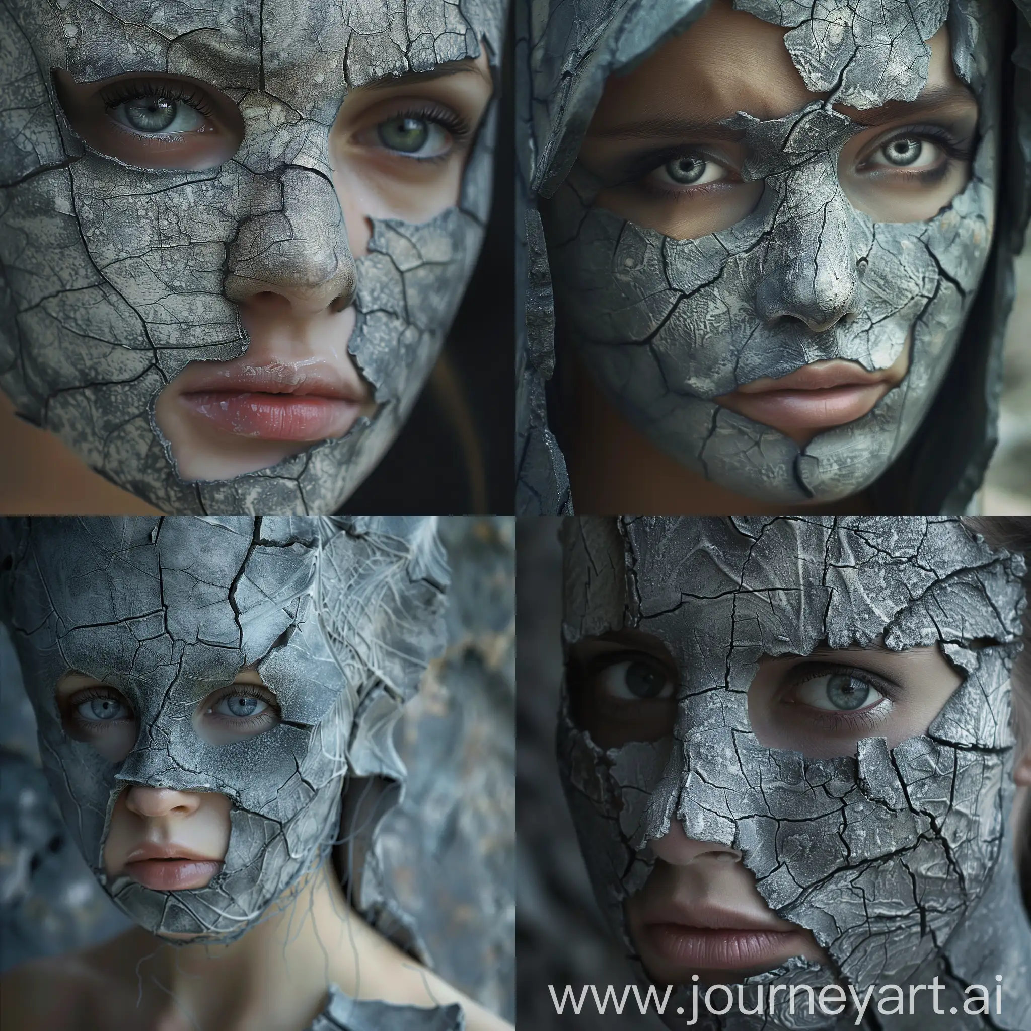 A beautiful sad eyed woman in a cracked grey stone like mask