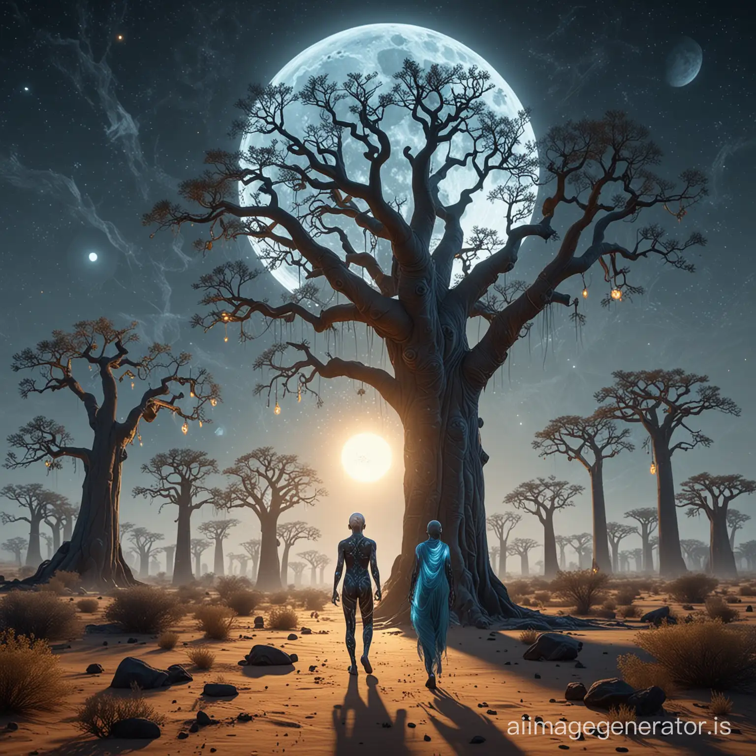 CryptoneuroCorpuscular-Alien-Ghosts-Stroll-Among-Baobab-Trees-under-Blue-Moon