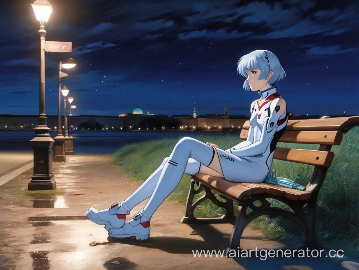 Аянами рей из аниме Евангелион сидит на скамейке в России,рядом валялось мусор,погода облачная  тёмная ночь,старая рисовка