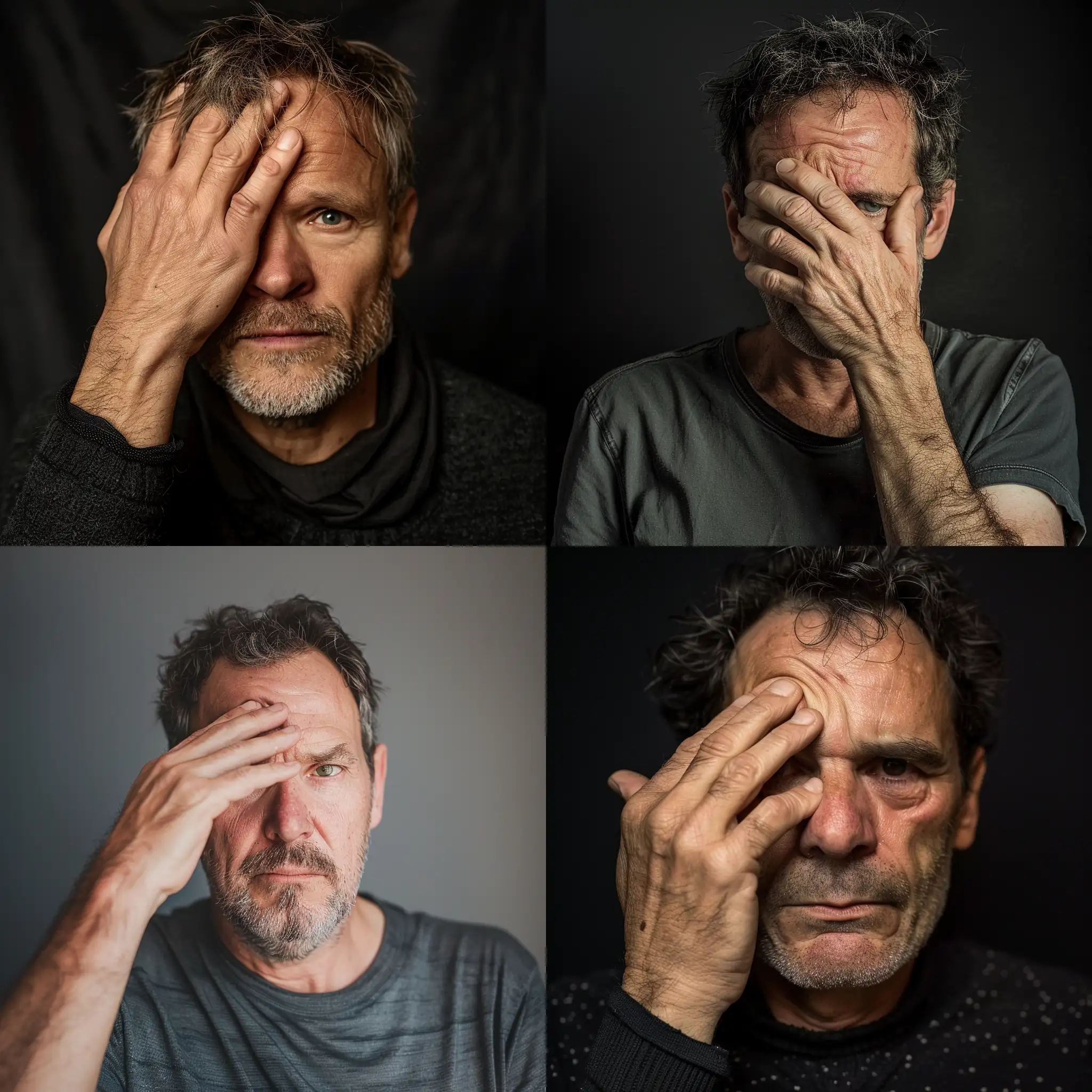 photograph of a 40-year-old man, a little embarrassed, covering his eyes with one hand, --ar 1:1 --style raw