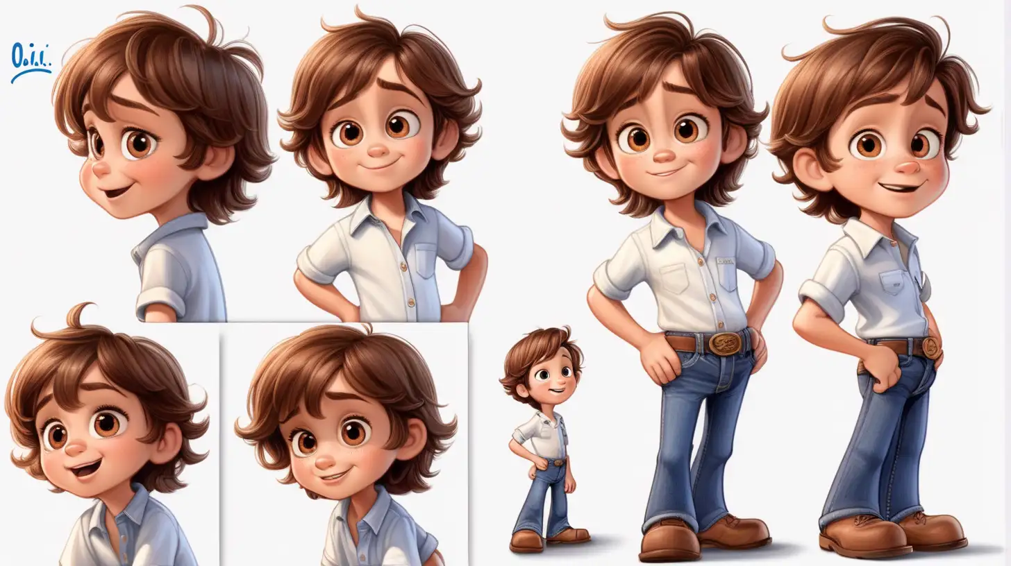 Brown haired. Oh, 4 years old, short, light brown eyes,  Pixar style, cartoon character,  multiple expressions and poses, character sheet, full body, white shirt and blue jeans 