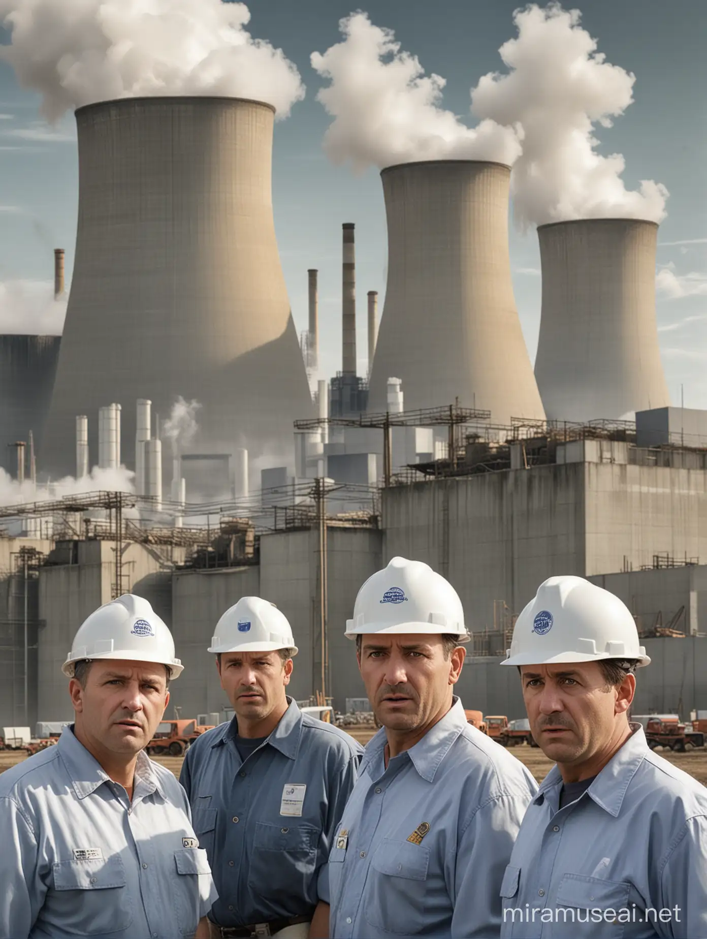 drama poster for a comedy musical, in the background a nuclear power plant with four cooling towers, six mid-aged stocky construcion workers with concerned or panicking faces, photorealistic, 1997 style