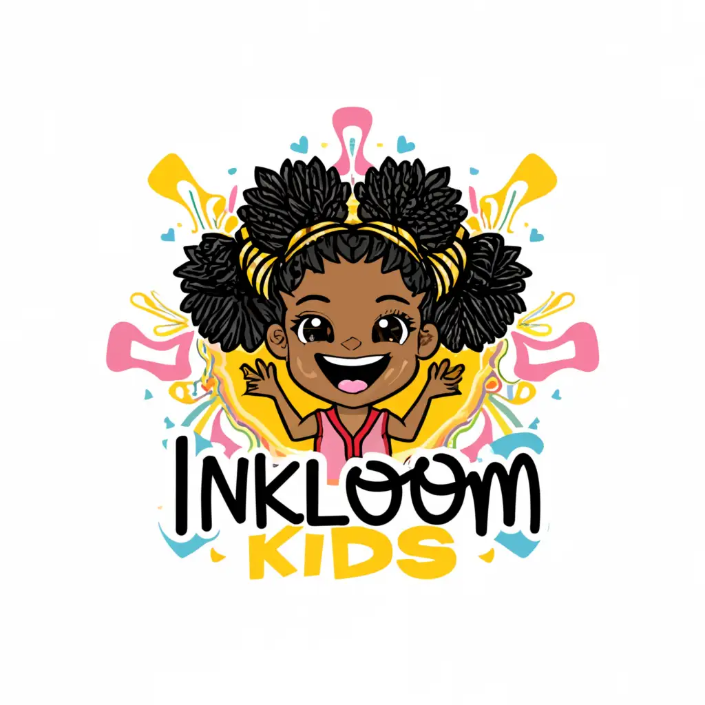 a logo design,with the text "InkLoom 
Kids", main symbol:black girl child with hair in 2 puffs, smiling and playful. with the clours of Cayn, black and yellow.,complex,clear background