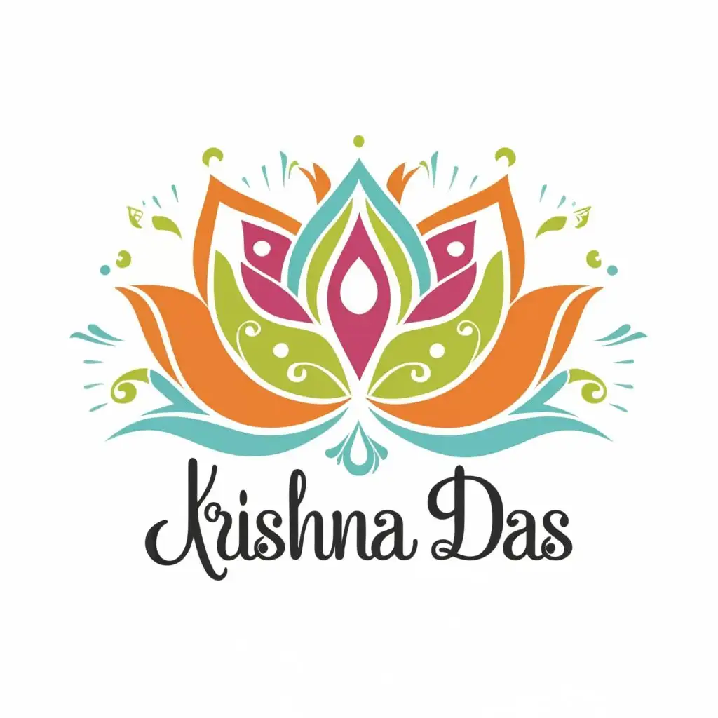 logo, Lotus, with the text "Krishna Das", typography, be used in Religious industry
