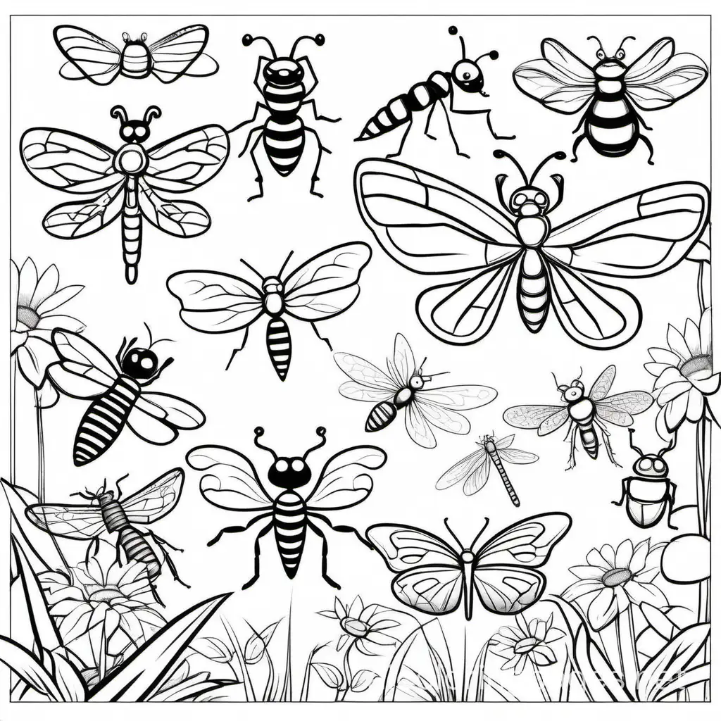 Some insects like Ant, bee,fly dragonfly, spider, cricket, ladybug, scorpion and butterfly, Coloring Page, black and white, line art, white background, Simplicity, Ample White Space. The background of the coloring page is plain white to make it easy for young children to color within the lines. The outlines of all the subjects are easy to distinguish, making it simple for kids to color without too much difficulty