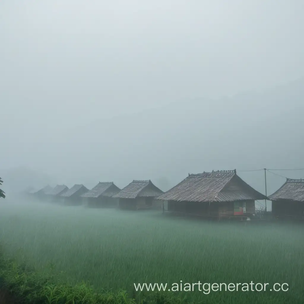 бесконечная деревня, идёт дождь, вокруг туман.