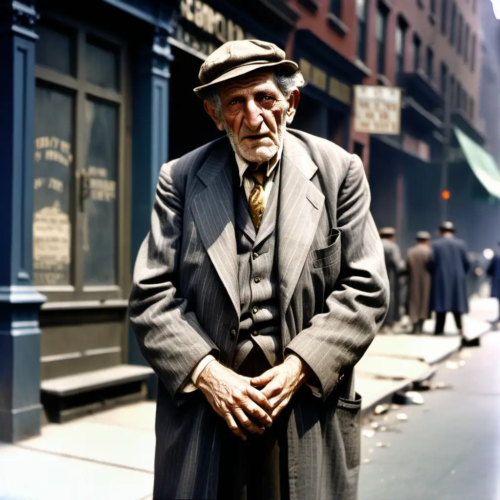 Full Colour Image. 1920s. A down and out elderly Jewish man. The background is a New York City street.