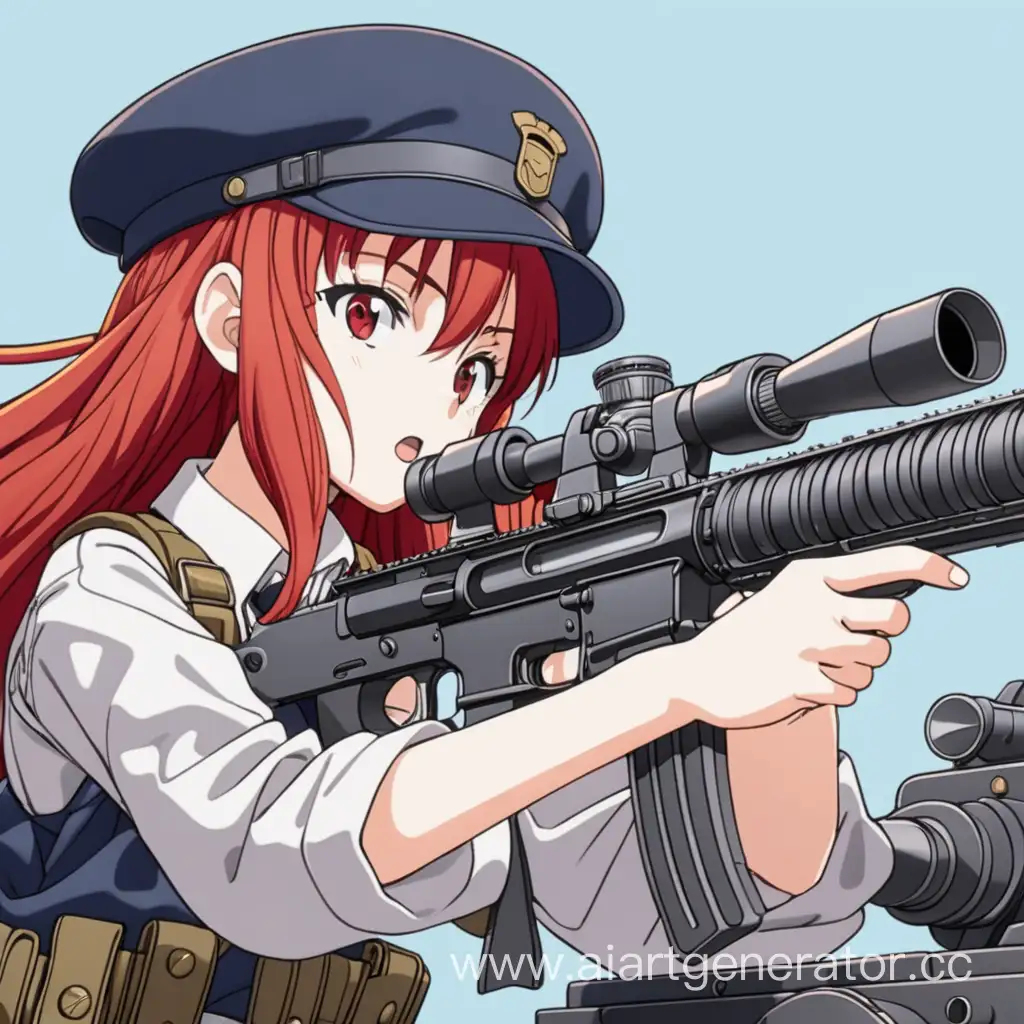 рыжая аниме девочка в фуражке стреляет из автомата