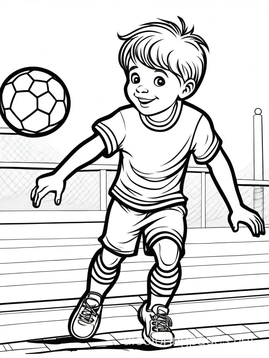 coloring page, cute boy playing football, realistic, line art, clean line art, illustration, realistic, detailed, , Coloring Page, black and white, line art, white background, Simplicity, Ample White Space. The background of the coloring page is plain white to make it easy for young children to color within the lines. The outlines of all the subjects are easy to distinguish, making it simple for kids to color without too much difficulty